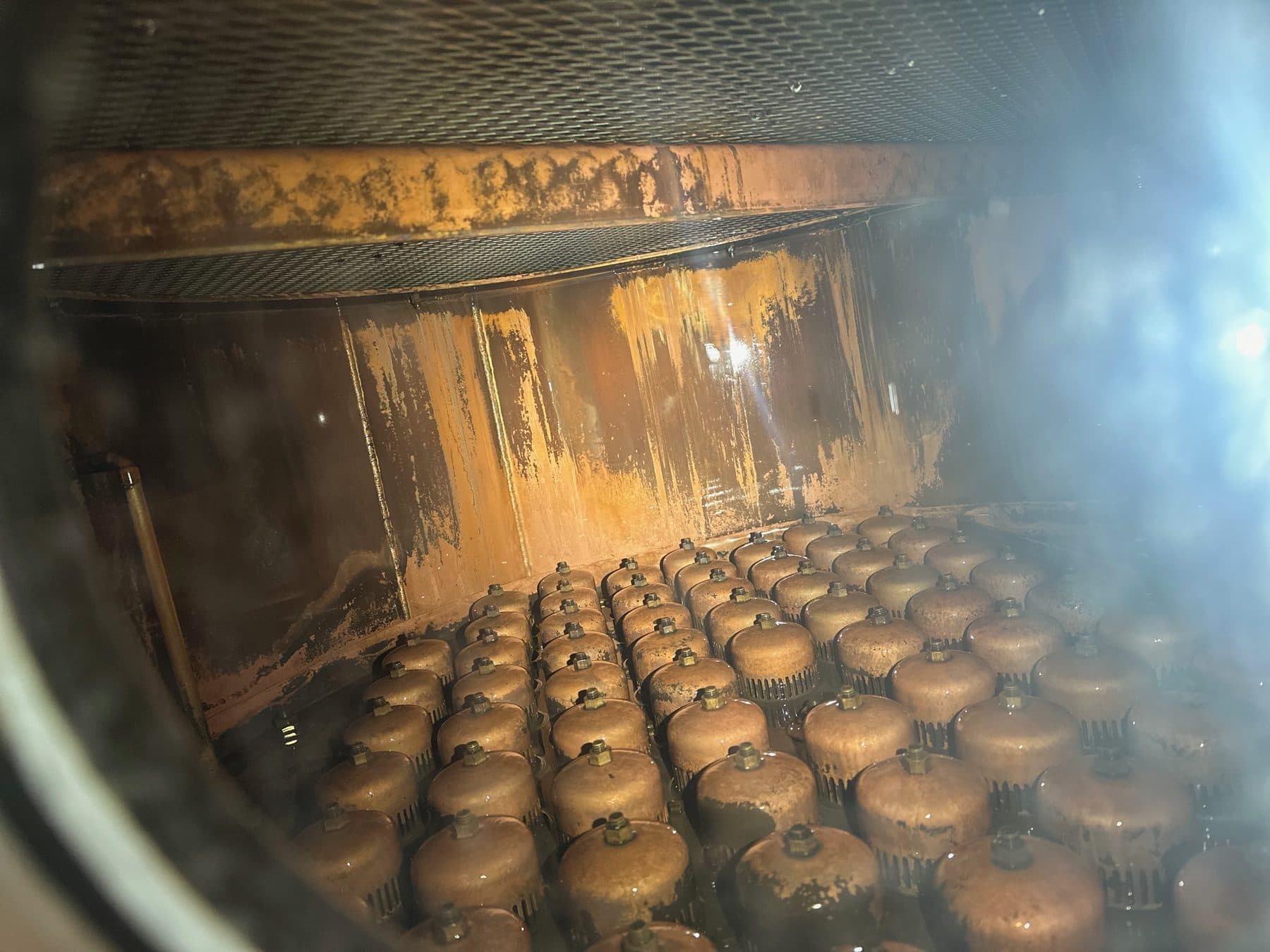 Top bubble tray of a continuous distillation column, viewed through the sight glass — rows of vapor caps against a wet copper wash.